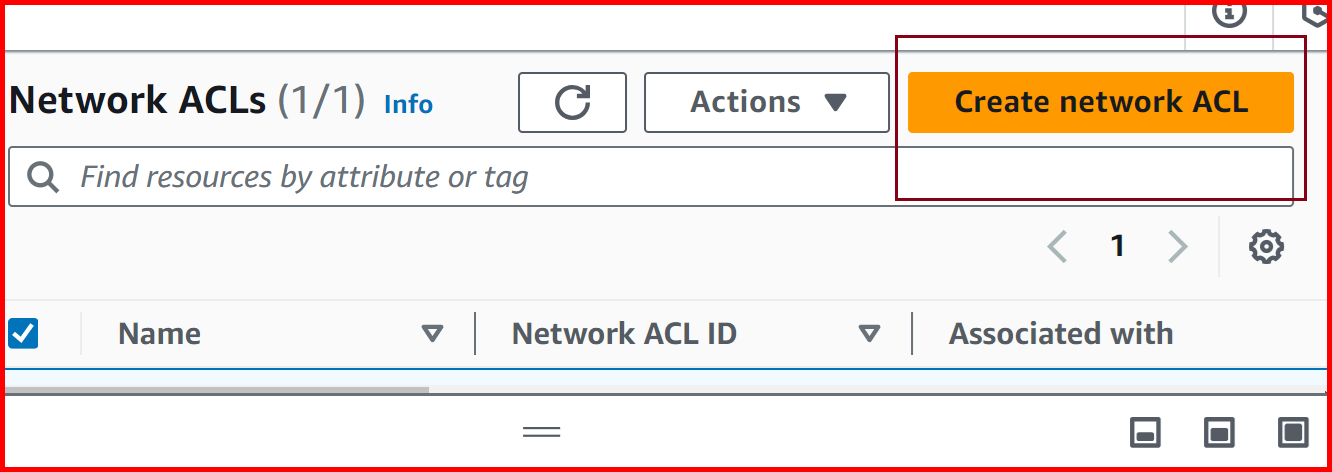Picture showing the Create Network ACL button for creating the new Network ACL